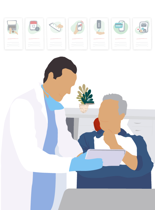 An illustration of a dentist showing their patient information on a tablet in their dental practice.