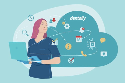 female dentist using cloud dental practice management on her laptop