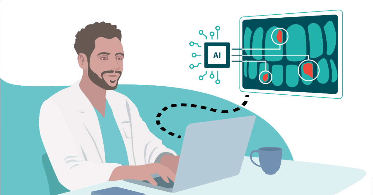 A person using a computer with an overlay of the letters AI pointing to an image of teeth