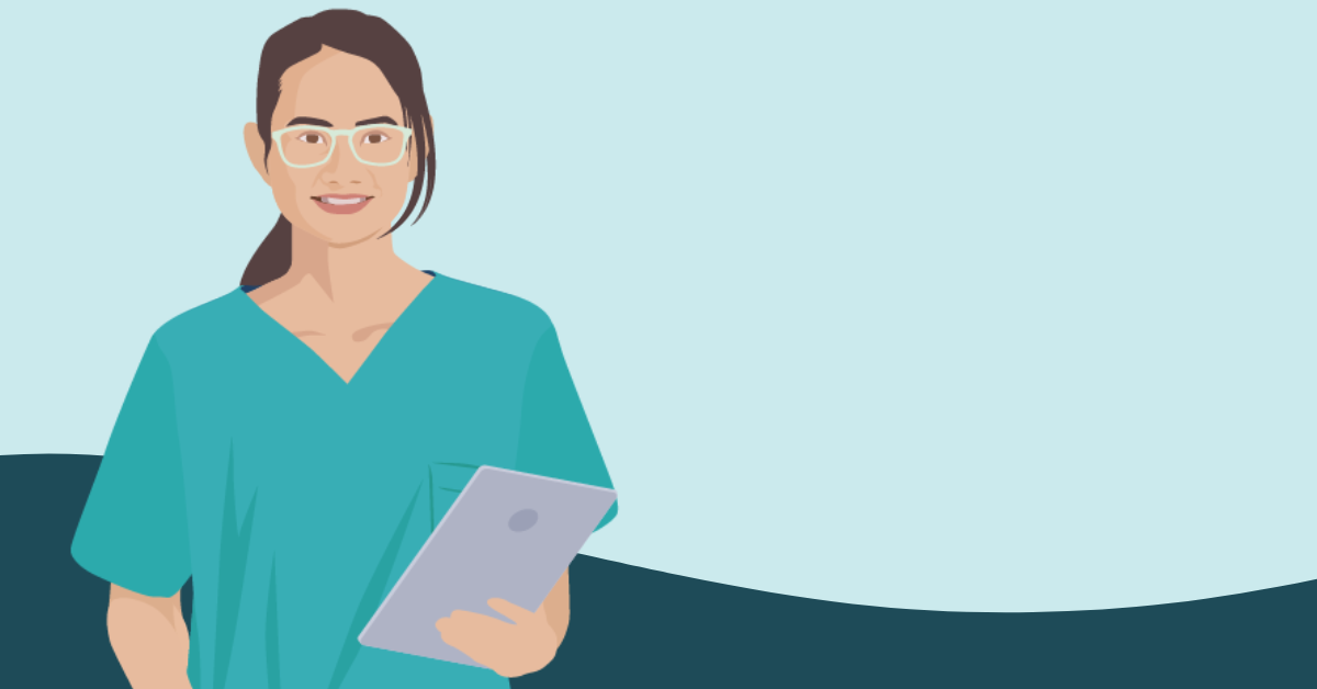 illustration of a dental clinician holding a tablet