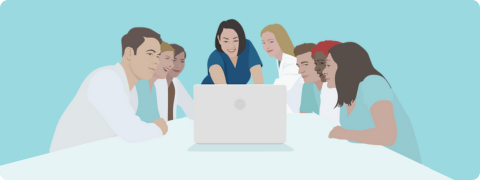 An illustration of a team of clinicians looking at a laptop (boxed)