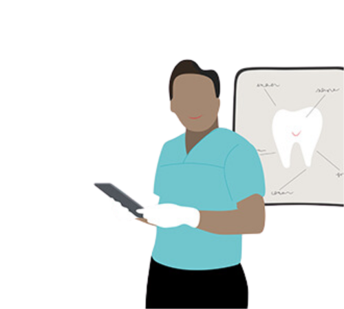 A Clinician standing in front of an image of a tooth