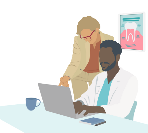 Two people looking and pointing at a laptop computer screen.